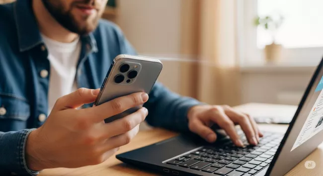 Muž s mobilem u laptopu