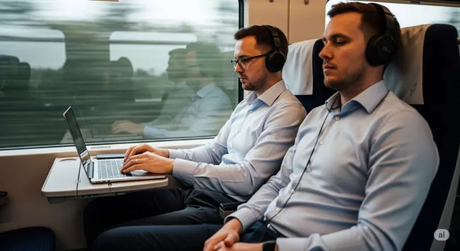 Dva muži cestují vlakem a jeden vede videokonferenci online