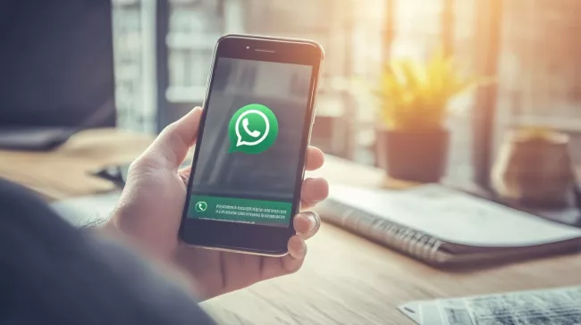Uživatel drží smartphone s logem WhatsApp na displeji