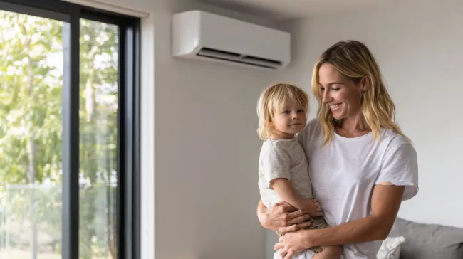 Žena s dítětem a v pozadí na stěně klimatizace