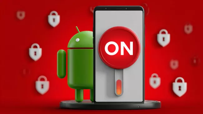 Smartphone s panáčkem Android a symboly zabezpečení