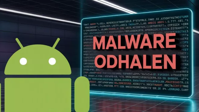 Maskot Android a varovný text "Malware odhalen"