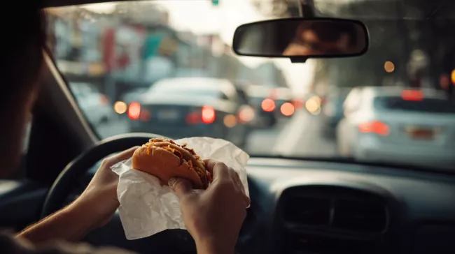 Řidič vozidla jí při řízení burger