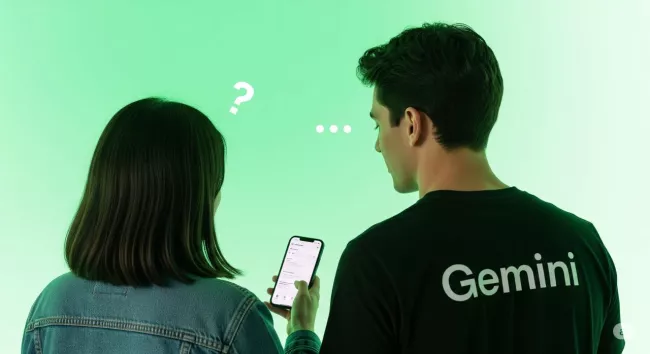 On a ona sledují mobil, on má na triku nápis Gemini