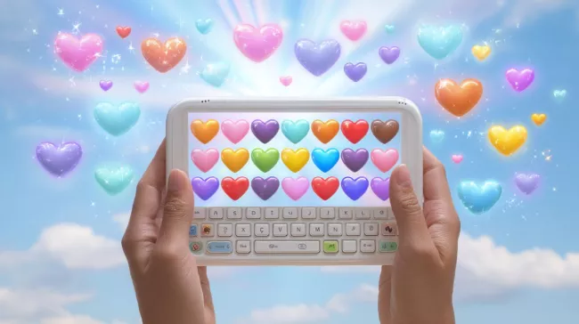 Digitální zařízení a emotikony srdce v různých barvách