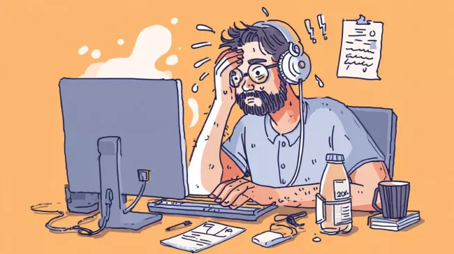 Uživatel se v horkém dni potí u počítače