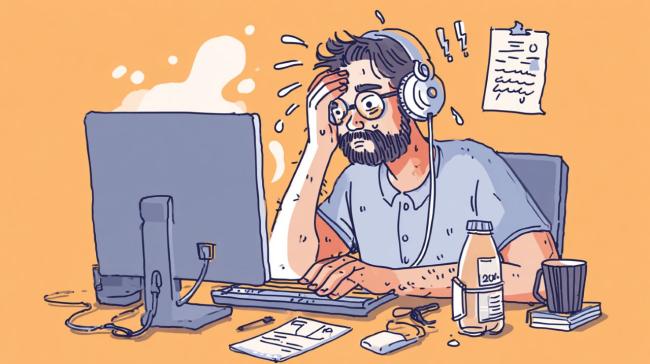 Uživatel se v horkém dni potí u počítače