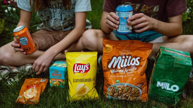 Chipsy, sladké nápoje, krekry a další pochutiny