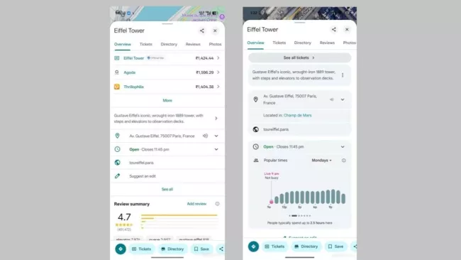 Porovnání původní a nové grafiky souhrnné stránky v Mapách Google
