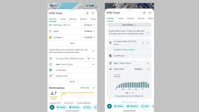 Porovnání původní a nové grafiky souhrnné stránky v Mapách Google