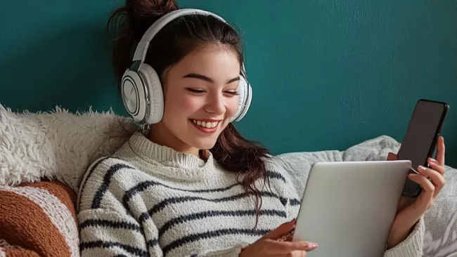 Dívka poslouchá hudbu z mobilu