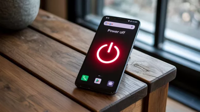 Mobil s motivem vypínacího tlačítka na displeji