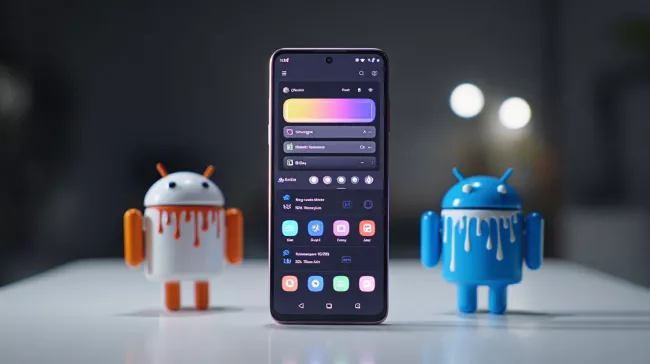 Androidový smartphone a dva panáčci Android, kteří jej chrání