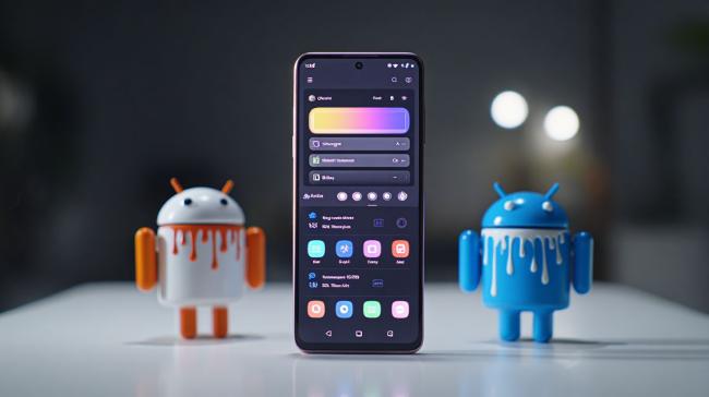 Androidový smartphone a dva panáčci Android, kteří jej chrání