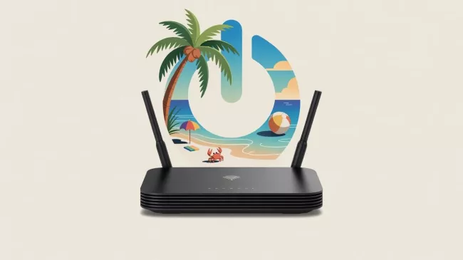 Koláž Wi-Fi routeru a motivu dovolené