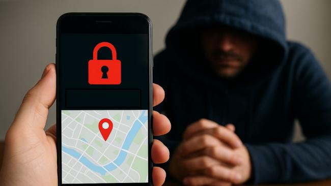 Smartphone s mapou na displeji a hacker s kapucí v pozadí