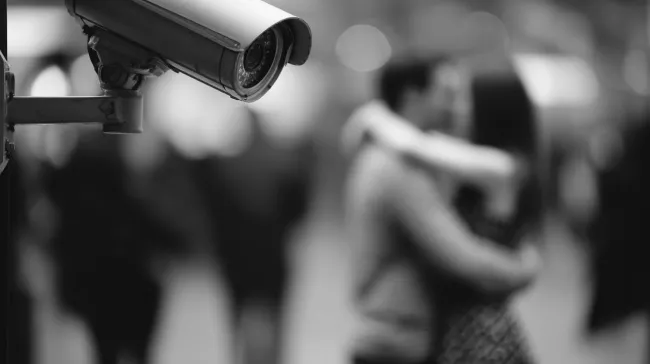 Sledovací kamera a v pozadí pár v objetí