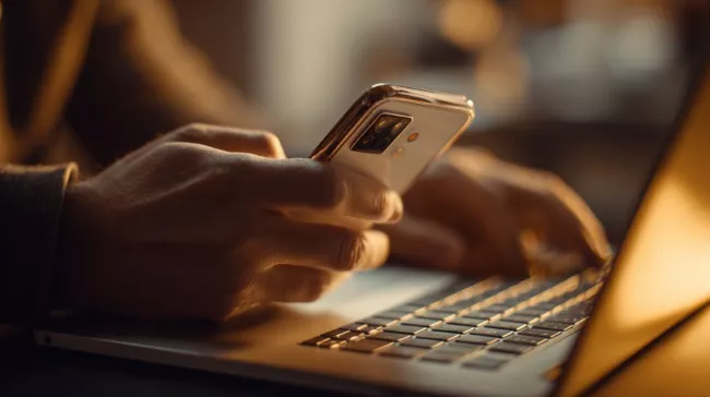 Uživatel se smartphonem a laptopem