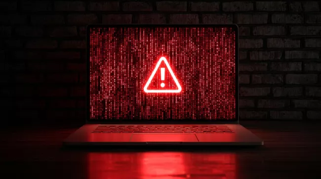 Laptop se symbolem varování na displeji