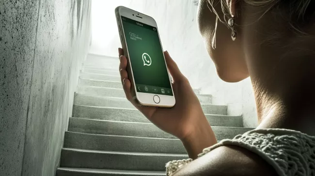 Dívka drží smartphone s logem WhatsApp na displeji