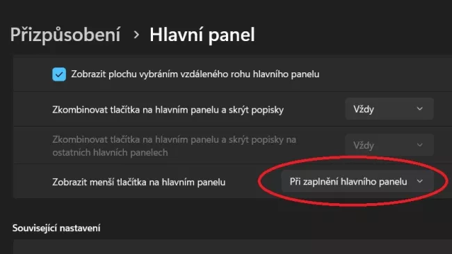 Nastavení automatického zmenšování ikon hlavního panelu
