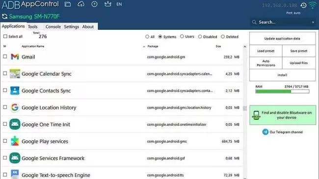Prostředí programu ADB APPControl
