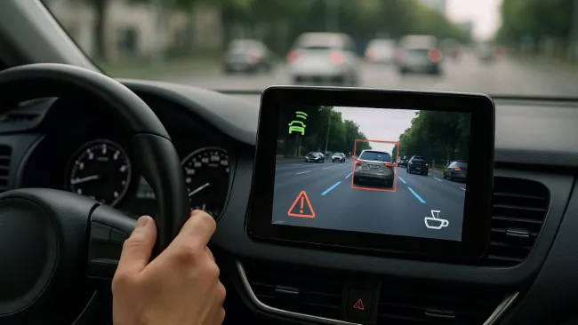 Displej v moderním voze se symboly varování