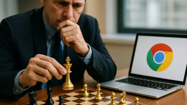 Šachová partie a laptop s logem Google Chrome v pozadí