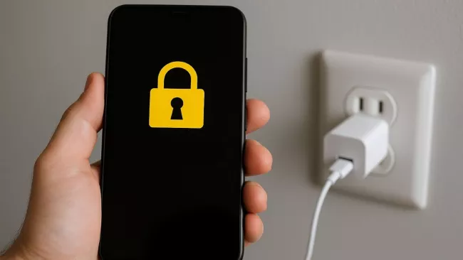 Symbol zamčení na obrazovce mobilu při připojení nabíječky