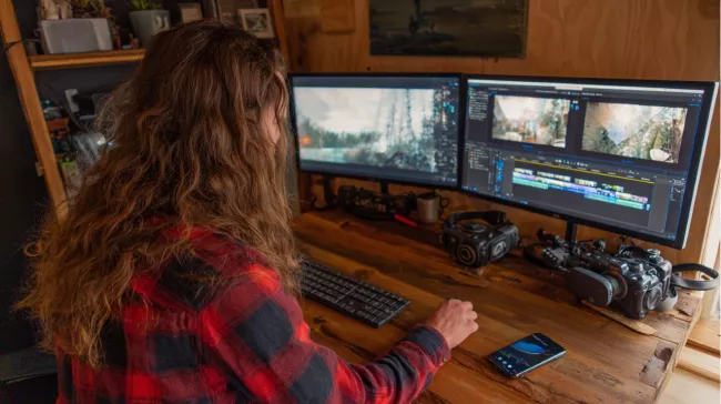 Mladá žena edituje video na počítači