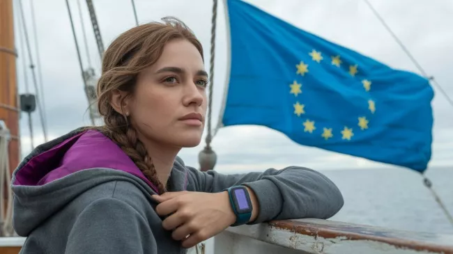 Dívka u evropské vlajky s chytrými hodinkami na zápěstí