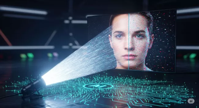 Tvář ženy, nasvícená kuželem světla