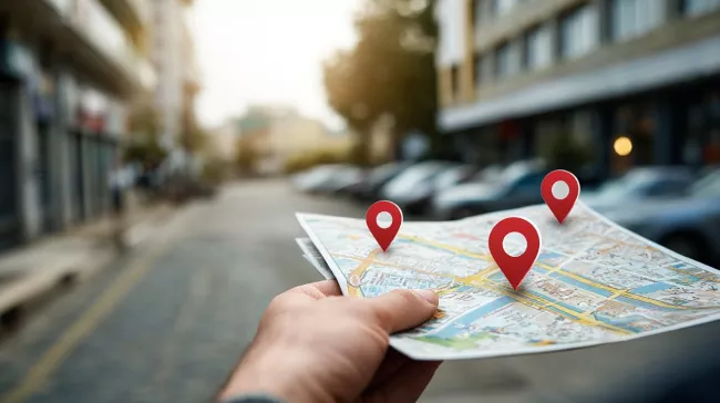 Uživatel drží v ruce mapu, na které jsou vyznačeny tři body