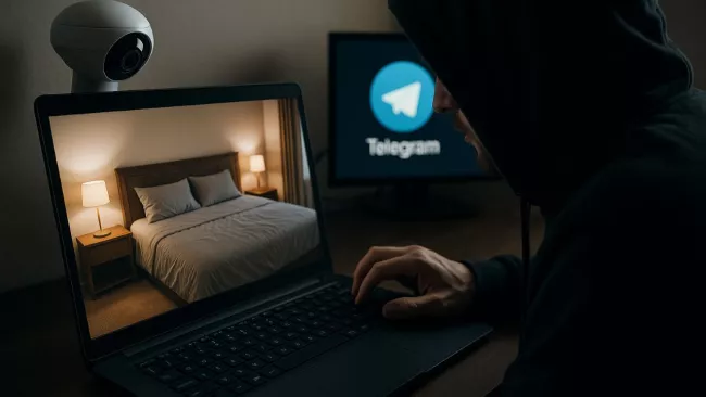 Záběr do ložnice, zprostředkovaný monitorovací kamerou