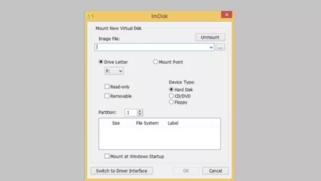 Prostředí nástroje IMDisk Toolkit