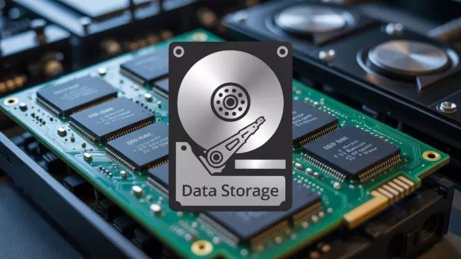 Symbol datového úložiště a na pozadí RAM modul do PC