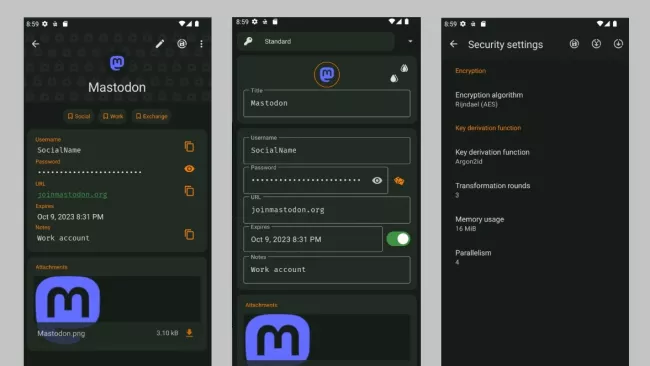 Prostředí správce hesel KeePassDX