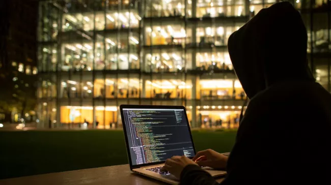 Postava v kapuci pracuje s notebookem u velké kancelářské budovy