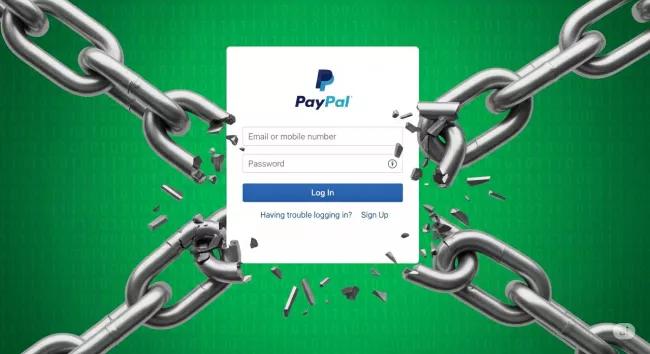 Přihlašovací dialog PayPal a symbol přetrženého řetězu