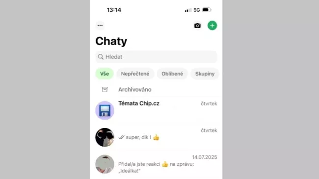 Moznosti filtrování chatů ve WhatsApp