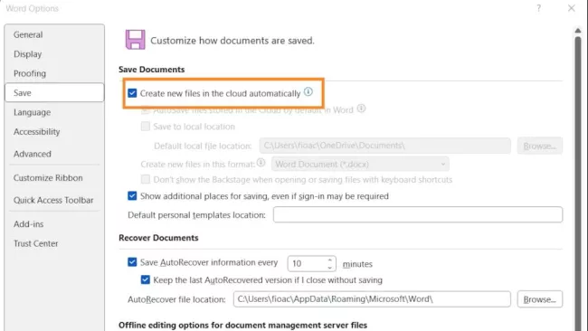 Funkce automatického ukládání na cloud ve Wordu