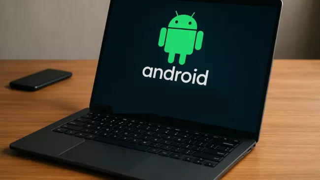 Logo Androidu na displeji notebooku