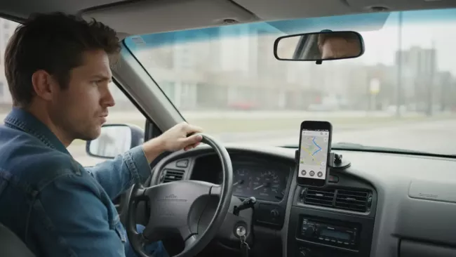 Naštvaný řidič sleduje navigační pokyny na mobilu