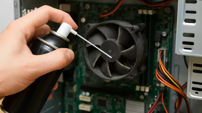 Čištění zaprášeného větráku stlačeným vzduchem