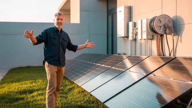 Muž prezentuje svou solární elektrárnu u domu