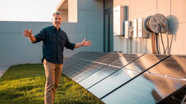 Muž prezentuje svou solární elektrárnu u domu