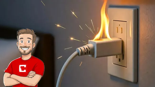 Nabíjecí adaptér, ze kterého šlehají plameny