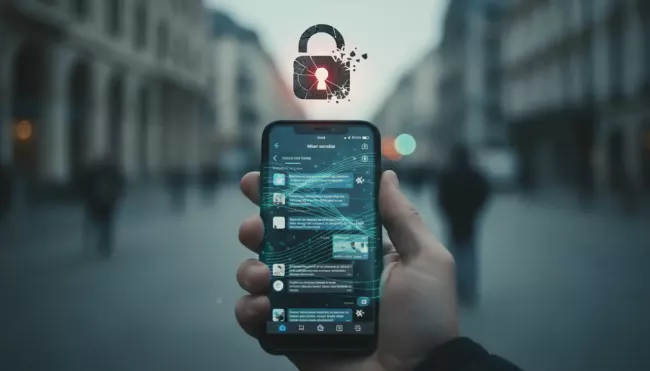 Mobilní telefon s chatem na displeji a motivem bezpečnosti