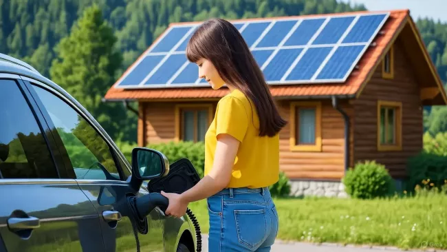 Mladá žena nabíjí elektromobil z fotovoltaiky