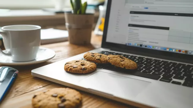 Sušenky cookies rozházené po klávesnici notebooku